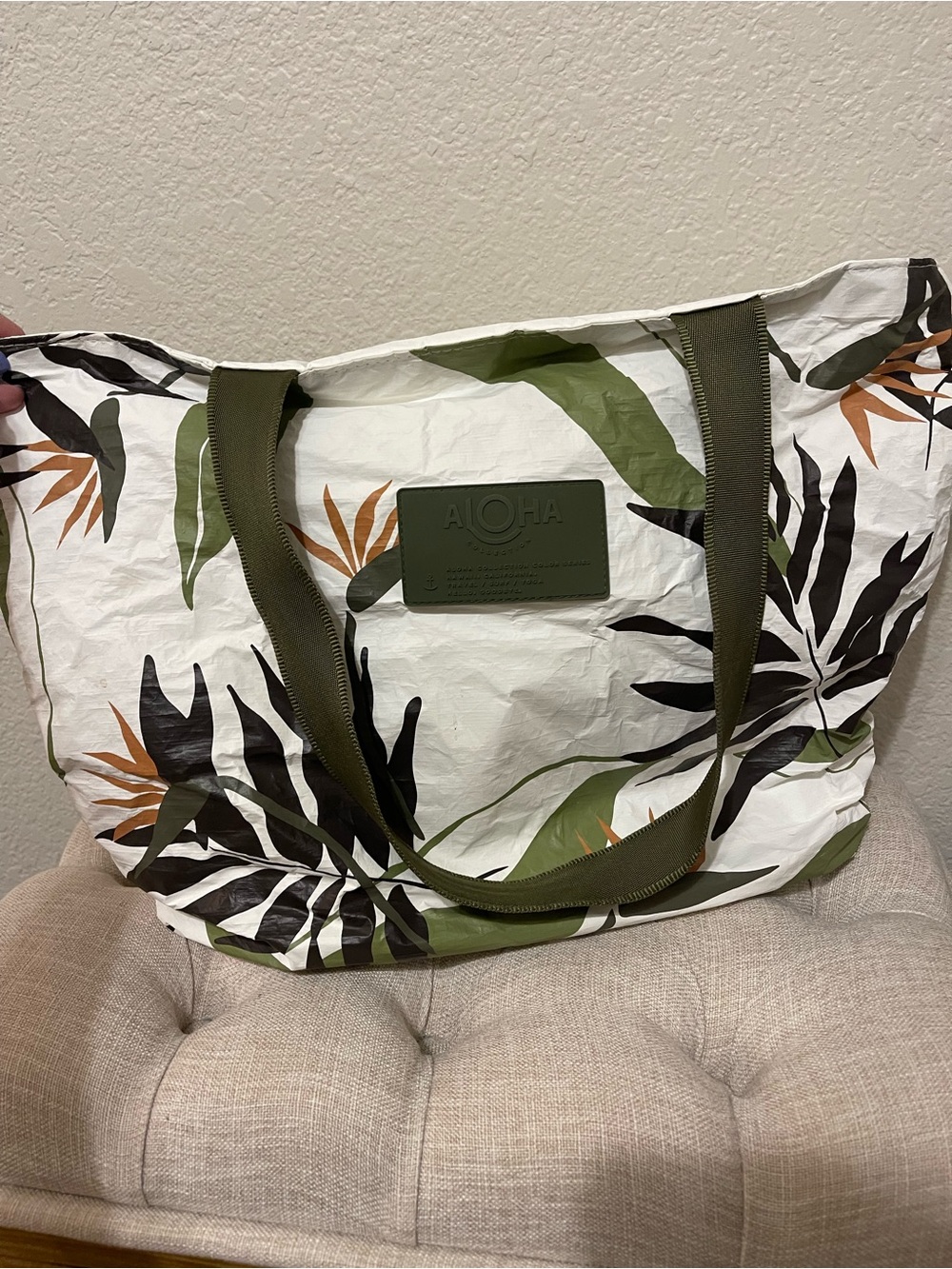 ALOHA White Tropical Print Tote Bag with Olive Straps